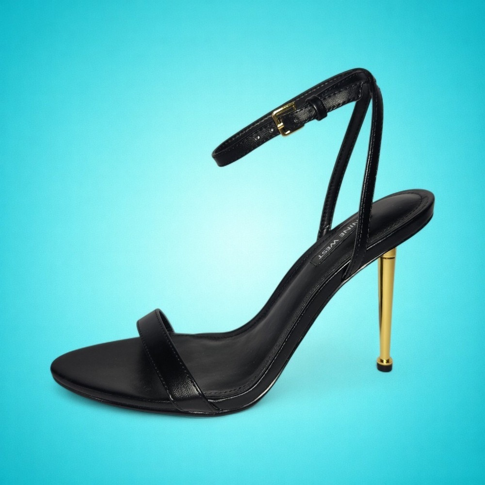 New Women's NINE WEST Reina 3 Black and Gold Leather Stiletto Heels, Size 8.5 M